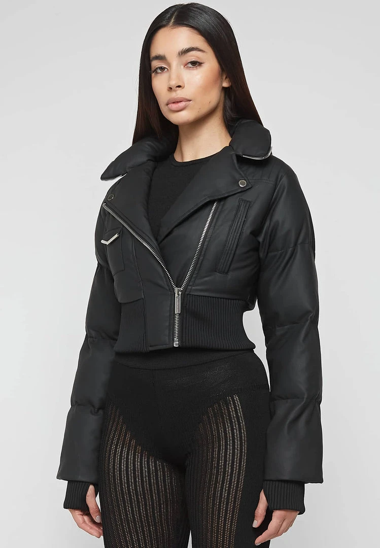 Woman Jackets Vegan Leather Puffer Biker Jacket - Black OUTERWEAR