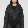 Woman Jackets Vegan Leather Puffer Biker Jacket - Black OUTERWEAR
