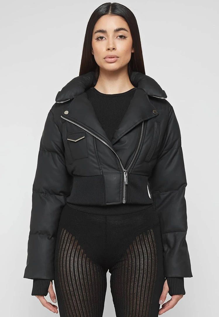 Woman Jackets Vegan Leather Puffer Biker Jacket - Black OUTERWEAR