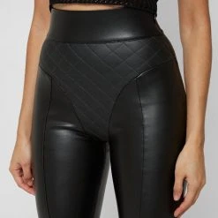 Woman Leggings Vegan Leather Quilted Leggings - Black