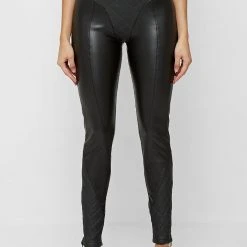 Woman Leggings Vegan Leather Quilted Leggings - Black