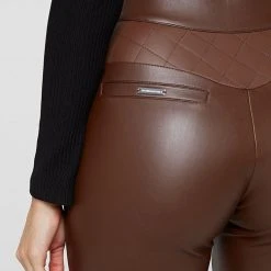 Woman Leggings Vegan Leather Quilted Leggings - Brown