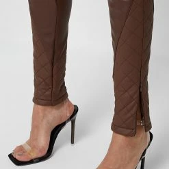 Woman Leggings Vegan Leather Quilted Leggings - Brown