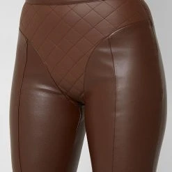 Woman Leggings Vegan Leather Quilted Leggings - Brown