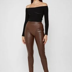 Woman Leggings Vegan Leather Quilted Leggings - Brown