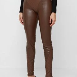 Woman Leggings Vegan Leather Quilted Leggings - Brown