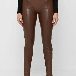 Woman Leggings Vegan Leather Quilted Leggings - Brown