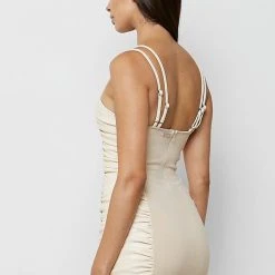Woman Dresses Vegan Leather Ruched Mini Dress - Beige