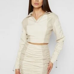 Woman Skirts Vegan Leather Ruched Mini Skirt - Beige CO-ORDS