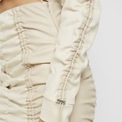 Woman Tops Vegan Leather Ruched Polo Top - Beige TOPS & T SHIRTS