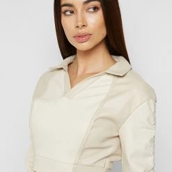 Woman Tops Vegan Leather Ruched Polo Top - Beige TOPS & T SHIRTS