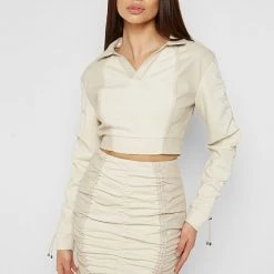 Woman Tops Vegan Leather Ruched Polo Top - Beige TOPS & T SHIRTS