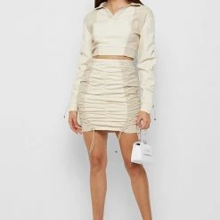 Woman Tops Vegan Leather Ruched Polo Top - Beige TOPS & T SHIRTS