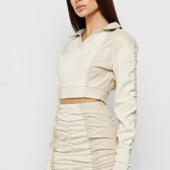 Woman Tops Vegan Leather Ruched Polo Top - Beige TOPS & T SHIRTS