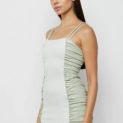 Woman Dresses Vegan Leather Ruched Side Mini Dress - Sage Green