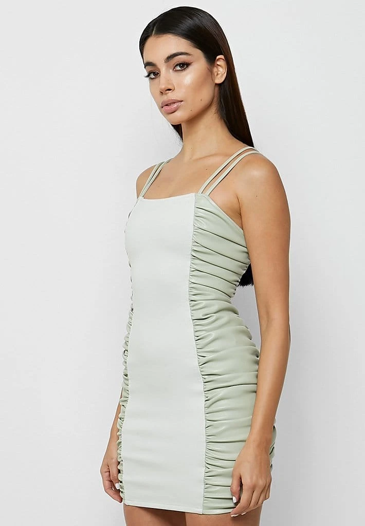 Woman Dresses Vegan Leather Ruched Side Mini Dress - Sage Green