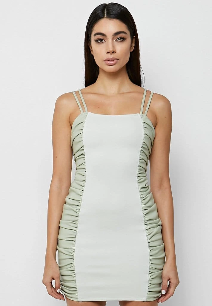 Woman Dresses Vegan Leather Ruched Side Mini Dress - Sage Green