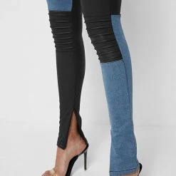 Woman Leggings Vegan Leather & Denim Leggings - Black/Mid Blue