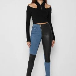Woman Leggings Vegan Leather & Denim Leggings - Black/Mid Blue