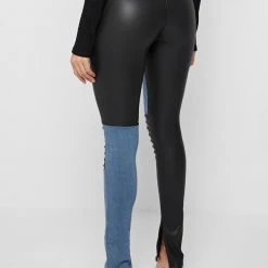 Woman Leggings Vegan Leather & Denim Leggings - Black/Mid Blue