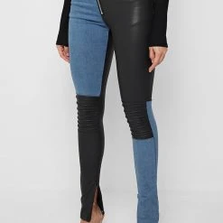 Woman Leggings Vegan Leather & Denim Leggings - Black/Mid Blue