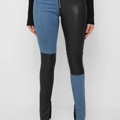 Woman Leggings Vegan Leather & Denim Leggings - Black/Mid Blue