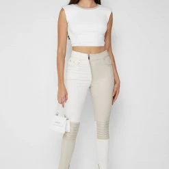 Woman Leggings Vegan Leather & Denim Leggings - Ecru