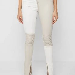 Woman Leggings Vegan Leather & Denim Leggings - Ecru