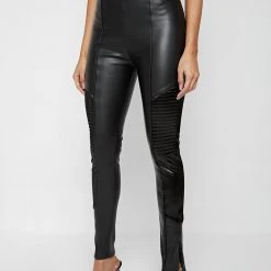 Woman Leggings Vegan Leather & Patent Ribbed Leggings - Black