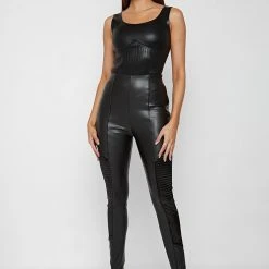 Woman Leggings Vegan Leather & Patent Ribbed Leggings - Black