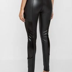 Woman Leggings Vegan Leather & Patent Ribbed Leggings - Black