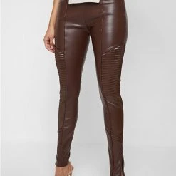 Woman Leggings Vegan Leather & Patent Ribbed Leggings - Brown
