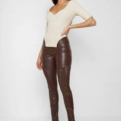Woman Leggings Vegan Leather & Patent Ribbed Leggings - Brown