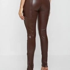 Woman Leggings Vegan Leather & Patent Ribbed Leggings - Brown