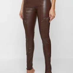 Woman Leggings Vegan Leather & Patent Ribbed Leggings - Brown