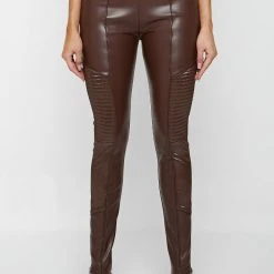 Woman Leggings Vegan Leather & Patent Ribbed Leggings - Brown