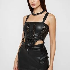Woman Tops TOPS & T SHIRTS Vegan Leather & Lace Corset Top - Black