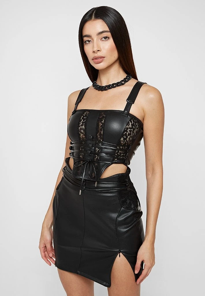 Woman Tops TOPS & T SHIRTS Vegan Leather & Lace Corset Top - Black