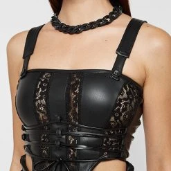 Woman Tops TOPS & T SHIRTS Vegan Leather & Lace Corset Top - Black