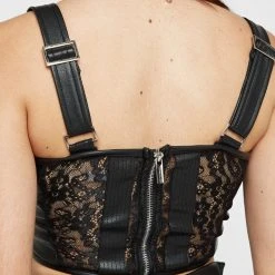 Woman Tops TOPS & T SHIRTS Vegan Leather & Lace Corset Top - Black