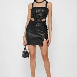 Woman Tops TOPS & T SHIRTS Vegan Leather & Lace Corset Top - Black