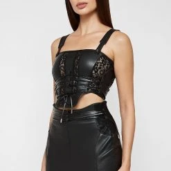 Woman Tops TOPS & T SHIRTS Vegan Leather & Lace Corset Top - Black