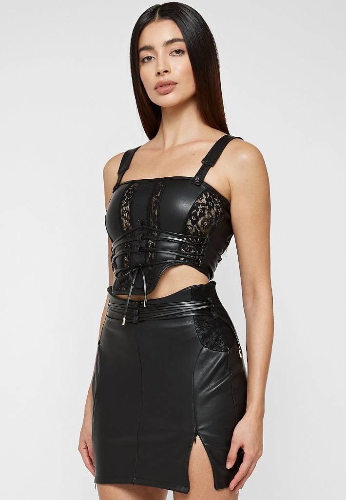 Woman Tops TOPS & T SHIRTS Vegan Leather & Lace Corset Top - Black