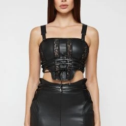 Woman Tops TOPS & T SHIRTS Vegan Leather & Lace Corset Top - Black