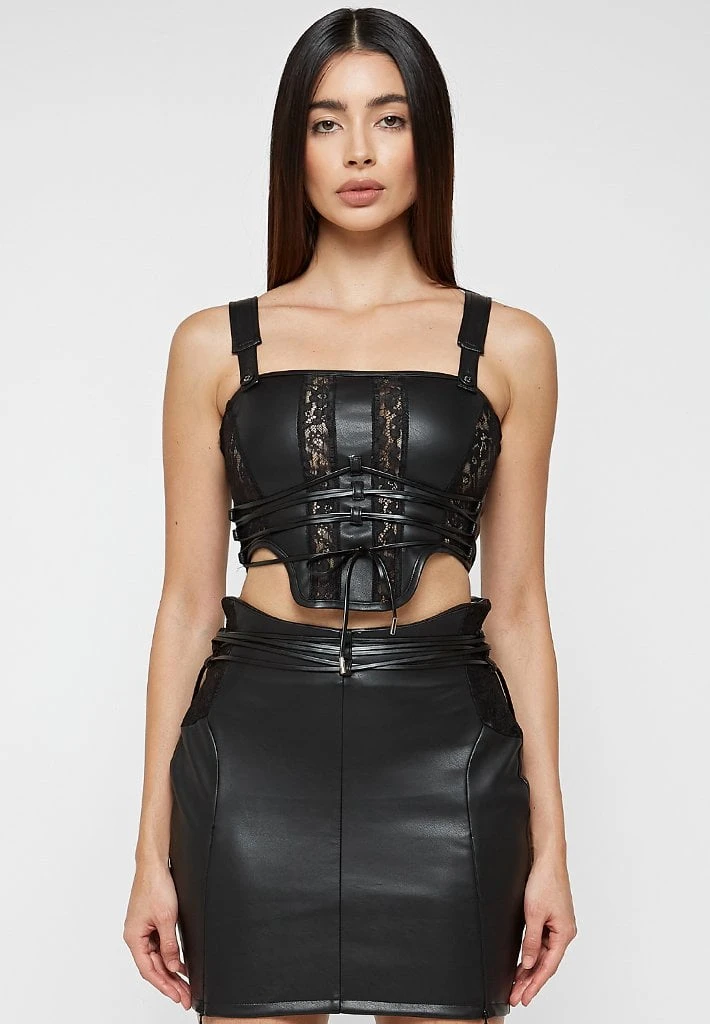 Woman Tops TOPS & T SHIRTS Vegan Leather & Lace Corset Top - Black