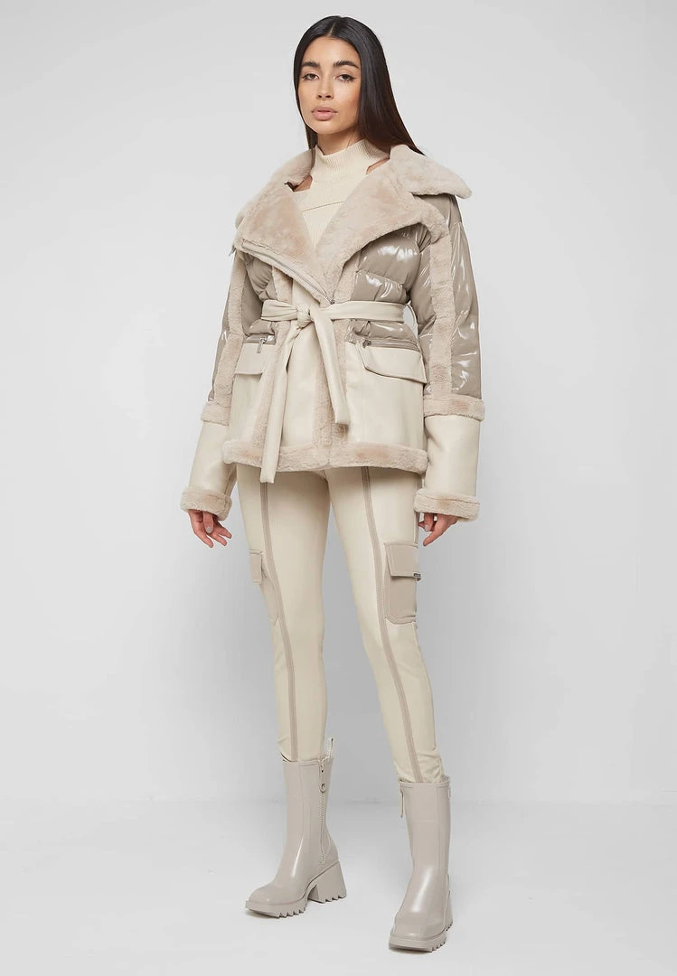 Woman Coats High Shine & Plush Puffer Jacket - Beige OUTERWEAR
