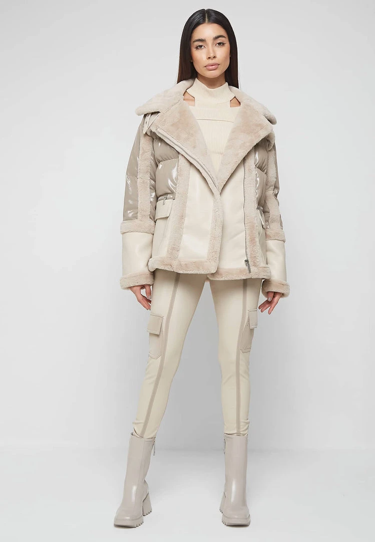 Woman Coats High Shine & Plush Puffer Jacket - Beige OUTERWEAR