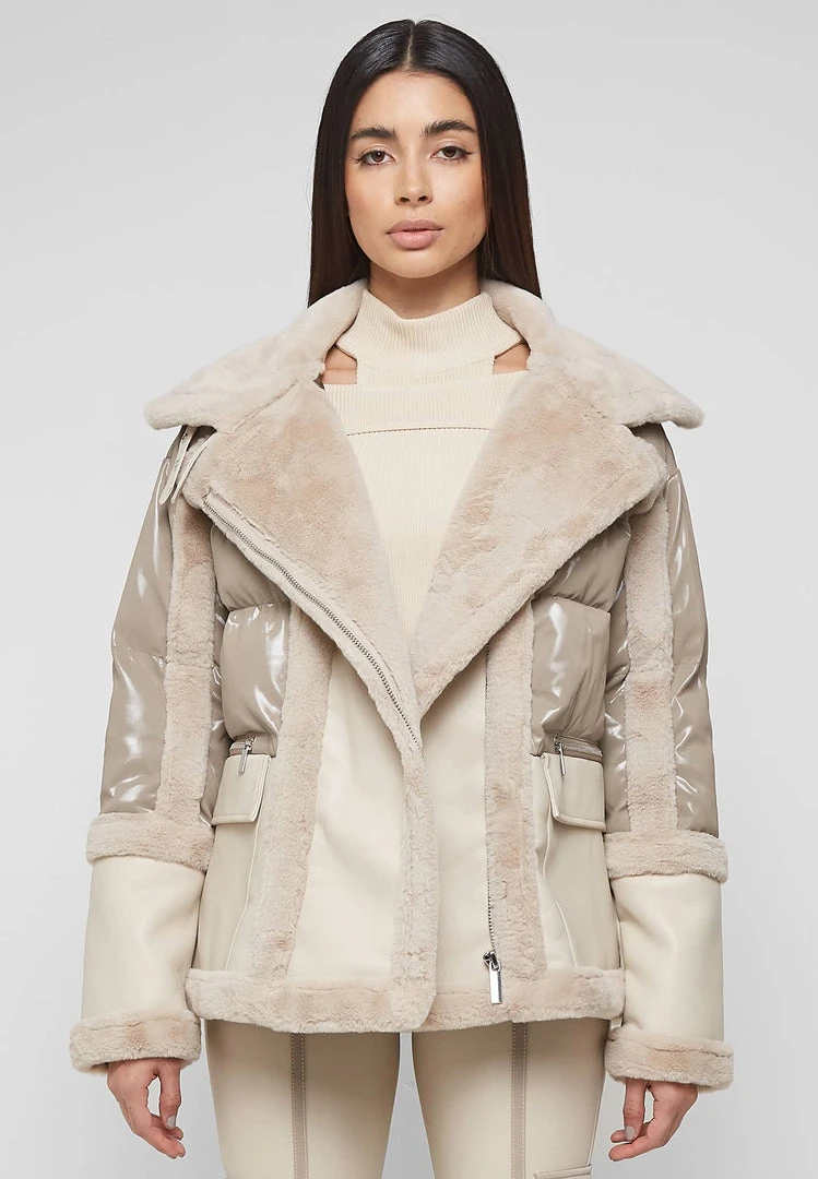 Woman Coats High Shine & Plush Puffer Jacket - Beige OUTERWEAR
