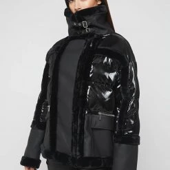 Woman Coats High Shine & Plush Puffer Jacket - Black