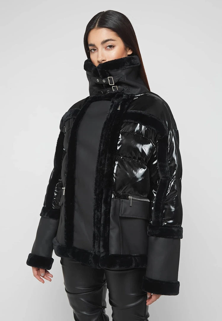 Woman Coats High Shine & Plush Puffer Jacket - Black